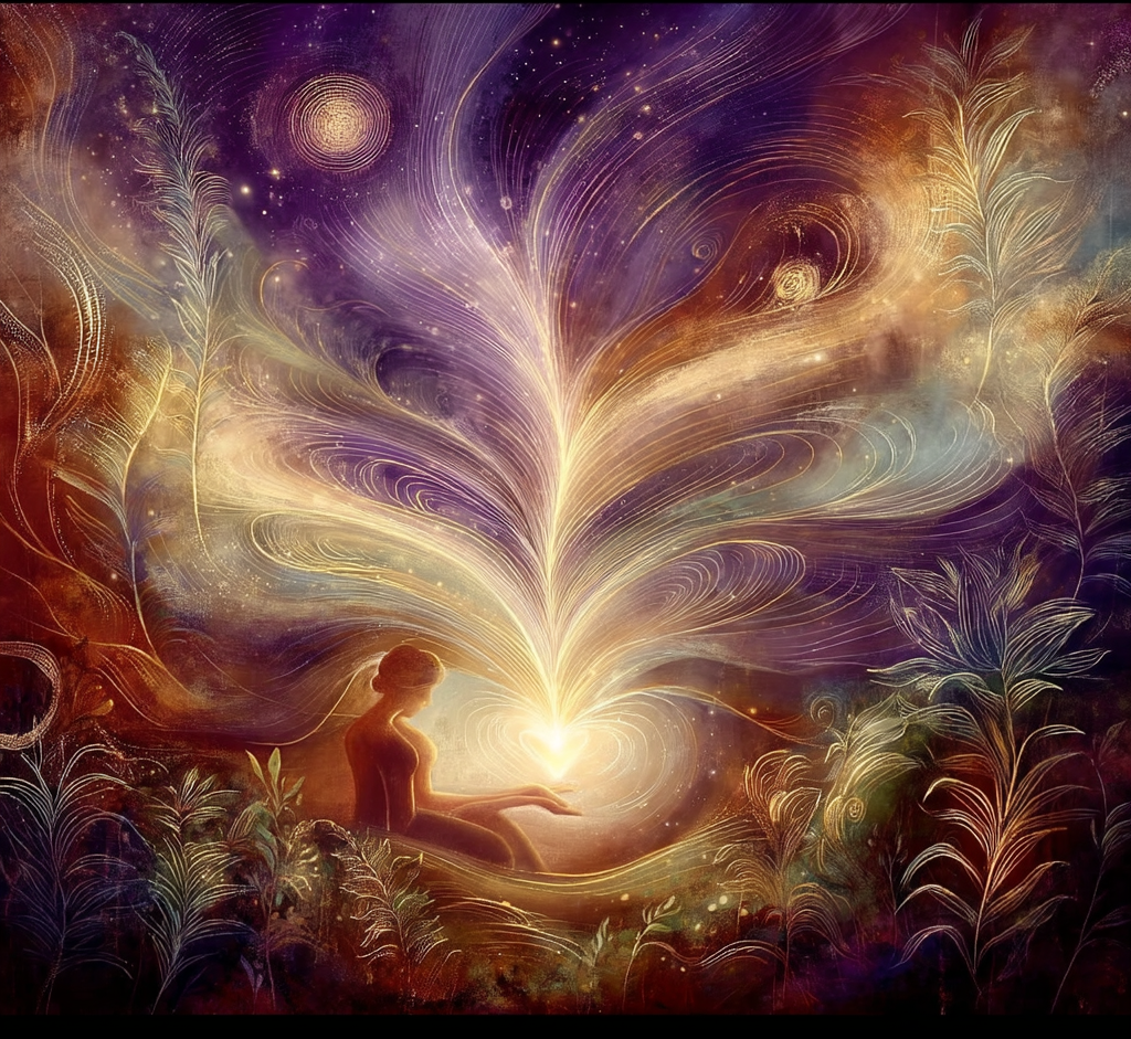 Figuur in goud en violet licht met energie die uit het hart stroomt, symbool voor diepe heling en integratie van zielswijsheid