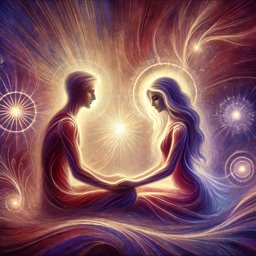 Twee stralende figuren die elkaars handen vasthouden in kosmisch licht symbool voor liefde heling en zielverbinding