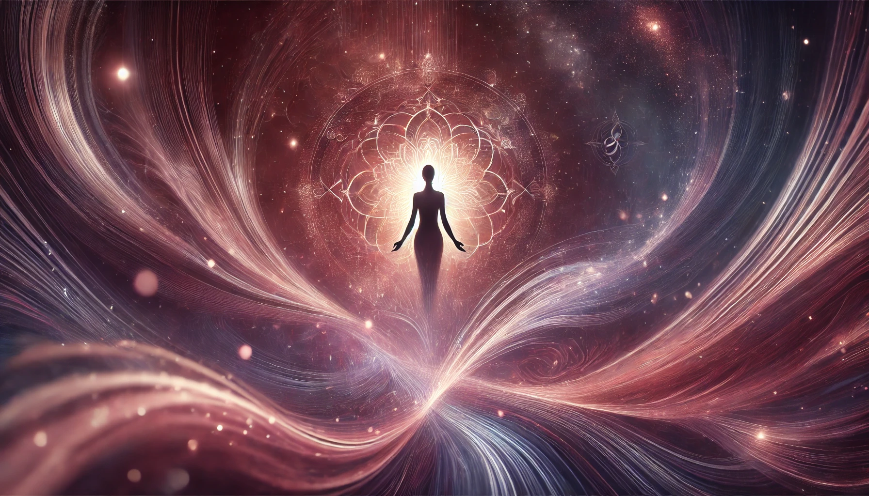 Silhouet in stromend kosmisch licht met heilige geometriepatronen