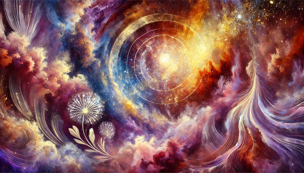 Kosmische werveling van licht en energie die de samensmelting van oude wijsheid, moderne wetenschap en multidimensionale heling uitbeeldt