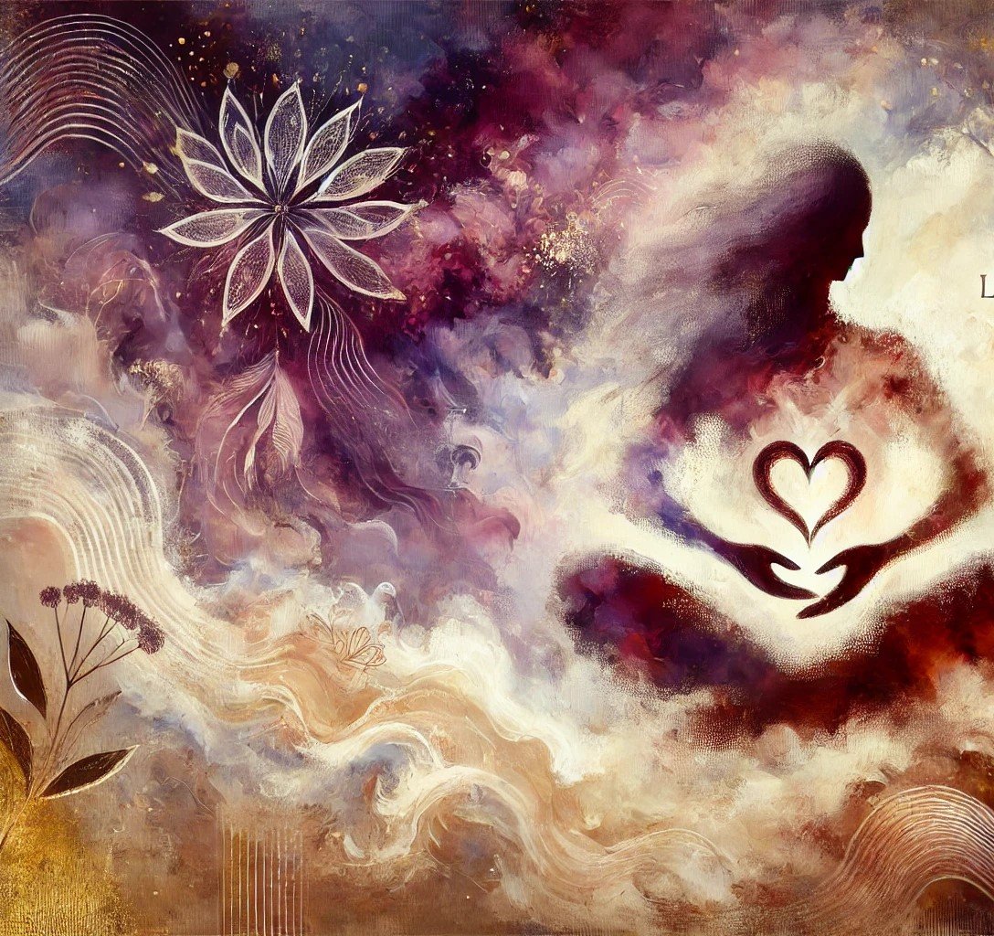 Silhouet mediteert met hartenergie en lotus in kosmische stroming