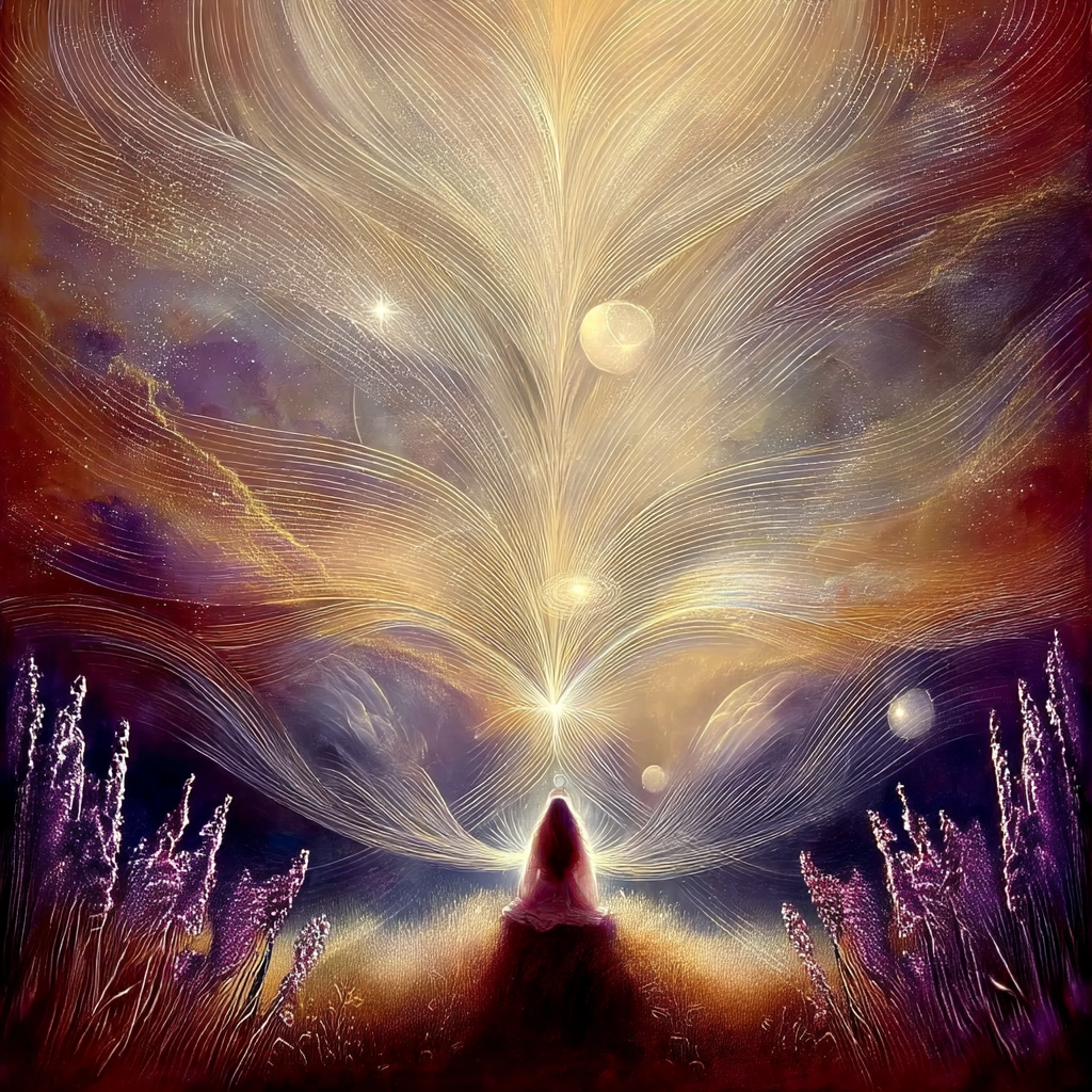 Persoon in meditatie onder stralend kosmisch licht symbool voor zielsverbinding ontwaken en hoger bewustzijn