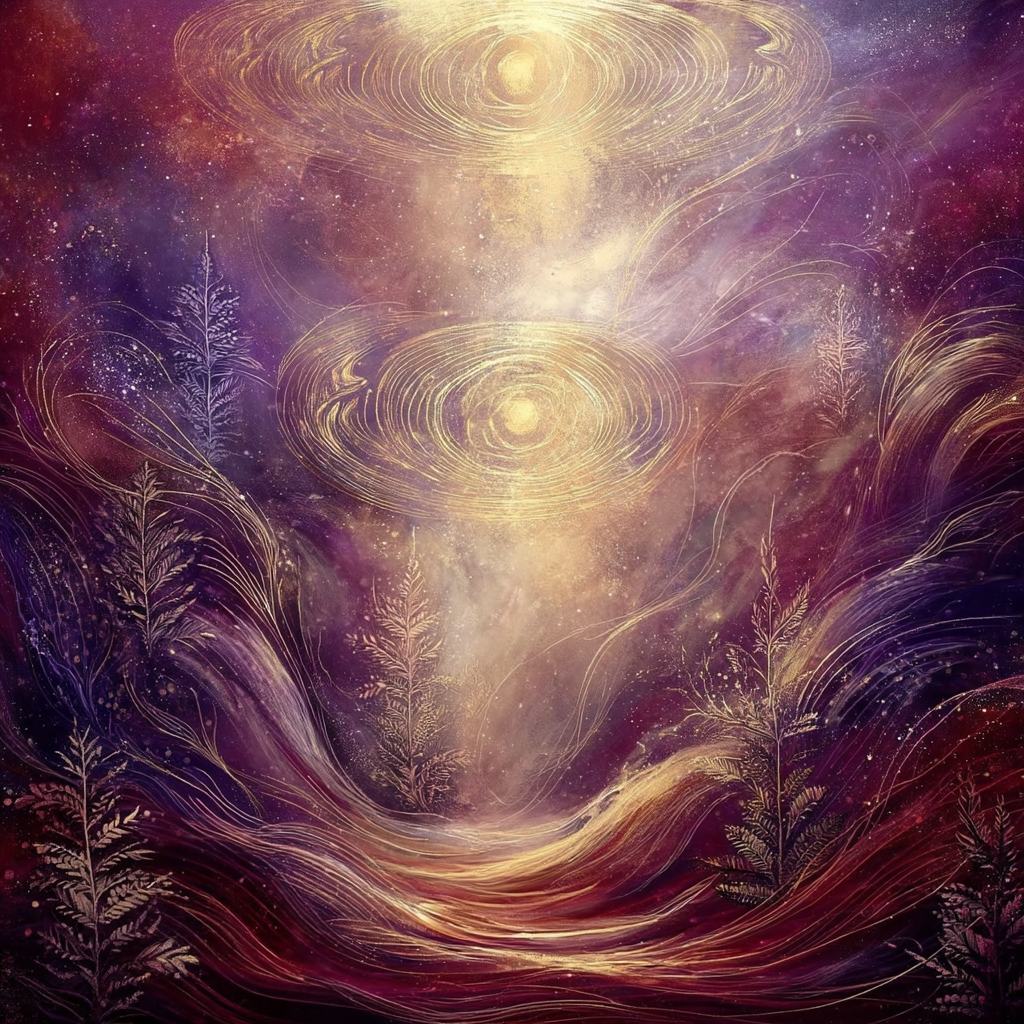 Abstract kosmisch landschap met gouden licht en wervelende energie die frequentie transmissie en DNA activatie uitbeeldt