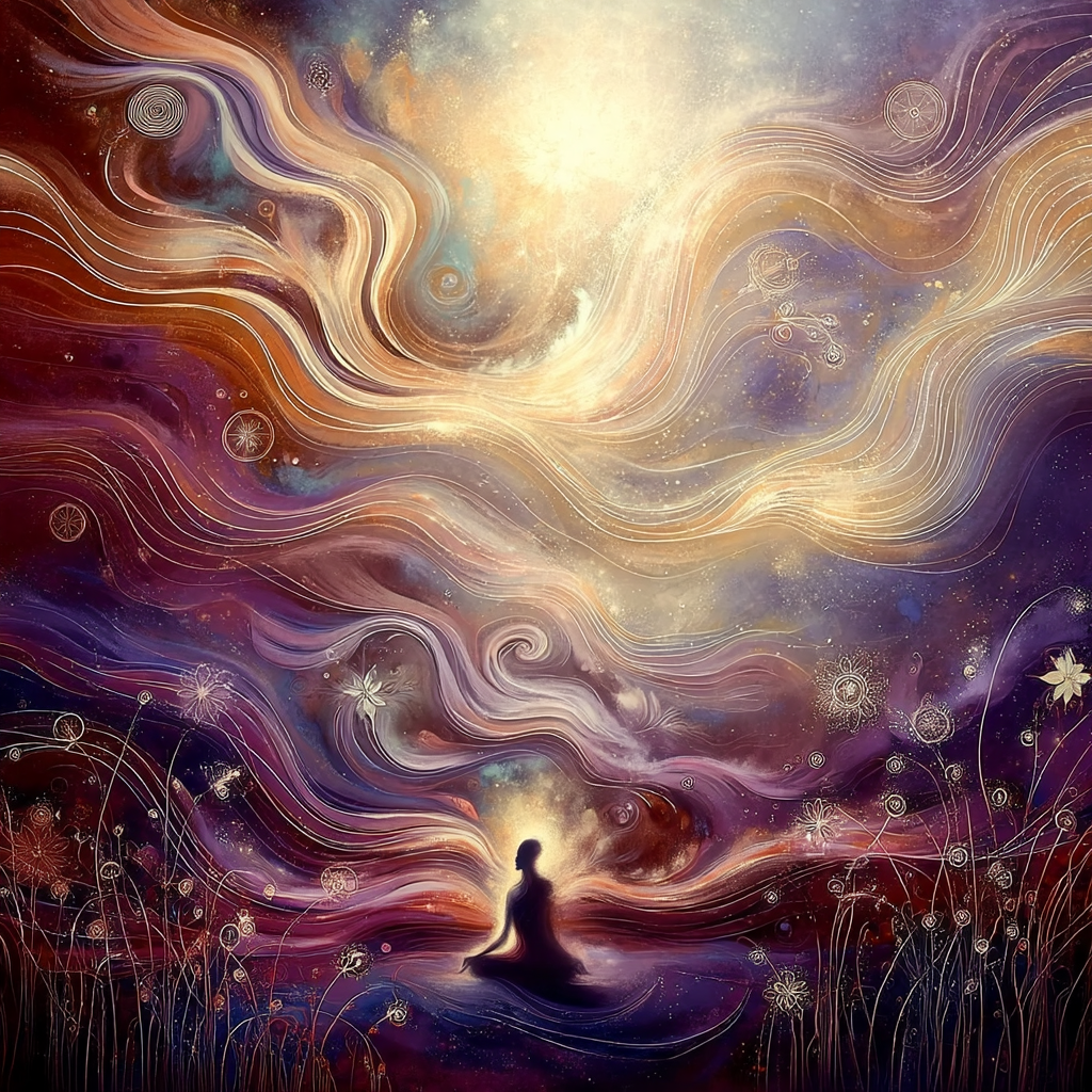 Silhouet in meditatie onder stromend kosmisch licht symbool voor zielsverbinding energie en spiritueel ontwaken