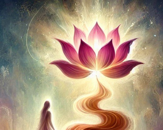 Persoon loopt naar stralende lotus die transformatie en heling symboliseert