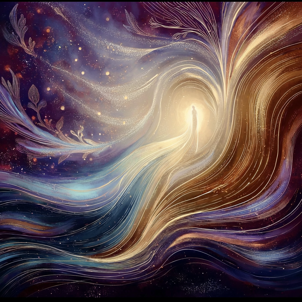 Silhouet lopend naar gouden licht omringd door stromende kosmische energie symbool voor heling integratie en transformatie