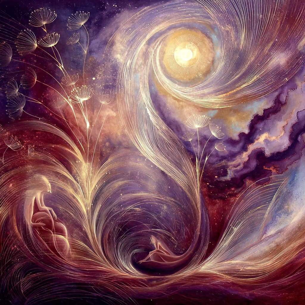 Twee lichtfiguren omhuld door gouden stroming en kosmische energie symbool voor inzicht heling en spiritueel ontwaken