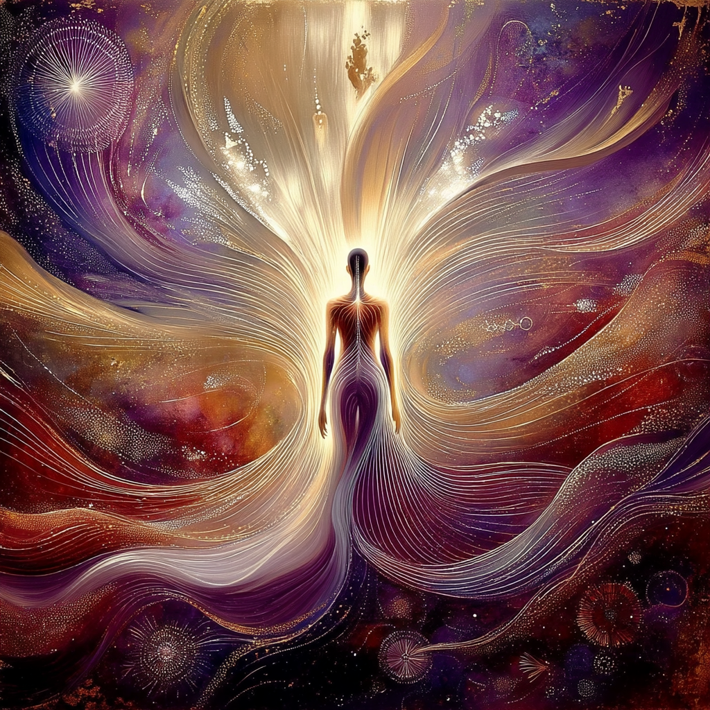 Stralende menselijke figuur omhuld door gouden en violette lichtstromen die ontwaken en belichaming van hoger bewustzijn uitbeelden