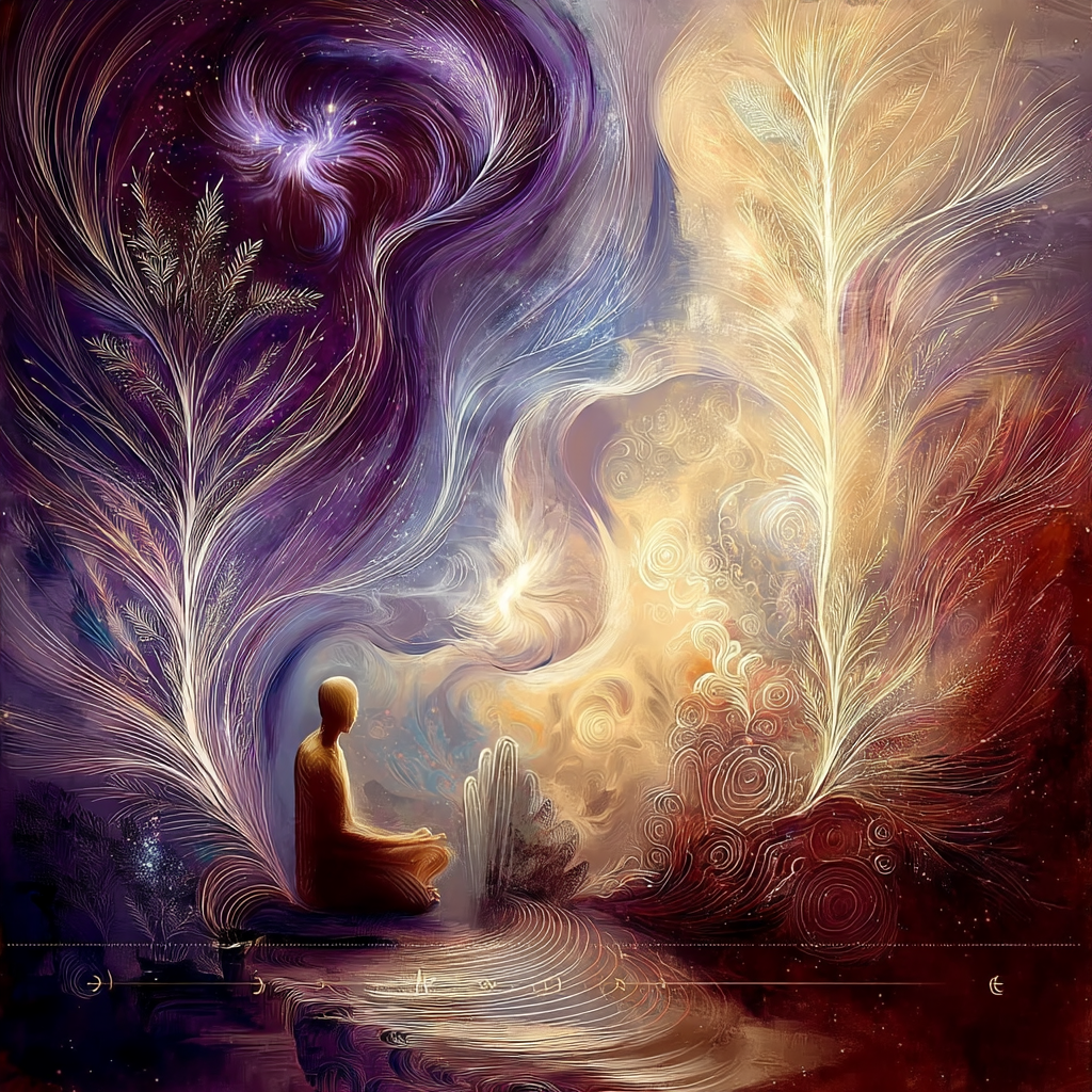 Mediterende figuur in goud en violet licht omgeven door stromende energie symbool voor zielsdiepte en transformatie