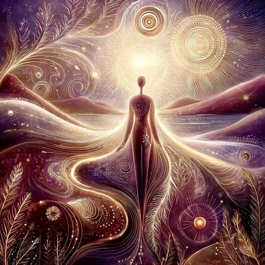 Silhouet in stralend goud licht dat afstemming activatie en hoger bewustzijn in dienst van anderen uitbeeldt